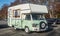 Old white and green veteran retro camper car