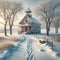 Old White Schoolhouse Winter Snowstorm Vintage Retro Building Steeple Exterior AI Generate