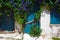 Old white wall with closed blue door and window overgrown with bindweed