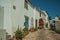 Old whitewashed houses and flowered shrubs in cobblestone alley