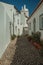 Old whitewashed houses with flowered vases in cobblestone alley