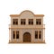 Old wild west saloon with wood swinging doors and porch. Two-storey wooden western house with balcony. Flat vector icon