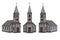 Old wild western wooden church with cross on top of the bell tower. 3D rendering with 3 angles isolated