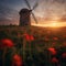 Old windmill at sunrise in the poppy field