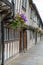 Old windows and flowers with historic building. Several pots wit