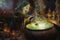 Old witch brews a green gurgling magic potion in large cauldron. Secret dark ceremony, ritual, Walpurgis night