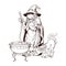 Old witch in a cone hat with her black cat brewing a magic potion in a cauldron. Halloween cartoon style character