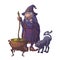 Old witch in a cone hat with her black cat brewing a magic potion in a cauldron. Halloween cartoon style character
