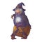 Old witch in a cone hat holding a crystal ball and foretelling the future. Funny cartoon style character. Linear drawing