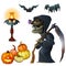 Old witch with scythe, pumpkin lantern and bats
