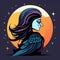 Old witch transformed into a raven in the moonlight. Fantastic creature with a body of a crow and a head of a woman against the