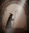 Old witch or wizard in the old abandoned castle, Halloween character, halloween background,