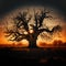 An old, withered branched oak in field on sunset. Generative AI