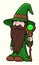 Old wizard cartoon illustration with long brown beard, green robe and hat, holding a wooden staff with light green orb.