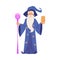 Old wizard man in robe and hat stands holding staff and owl cartoon style