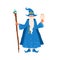 Old wizard stand with witchery cane and owl vector flat illustration. Gray haired male magician hold magic equipment