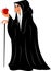 Old woman with apple in a black cloak