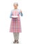 old woman in apron with plate showing thumbs up