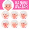 Old Woman Avatar Set Vector. Face Emotions. Senior Person Portrait. Elderly People. Aged. Head, Icon. Happiness