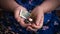 Old woman begs for alms. Closeup of money and coins in hand of poor woman