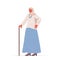 Old woman in casual trendy clothes with cane senior female cartoon character standing pose