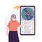 Old woman choose place to travel on phone screen. Elderly tourist searching country in mobile app for vacation. Concept