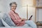 Old woman in portrait with smartphone, communication and relax at home, social media and happy with technology