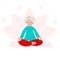 Old woman practice yoga. Grandmother care about her health sits on lotus pose and relax. Senior woman meditate. Vector