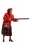 Old woman in a red coat holding a shotgun