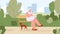 Old woman relax in green park with dog. Female character sitting on bench read newspaper, outdoor time vector scene