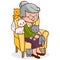 Old woman sitting in her armchair with her cats. Vector Illustration