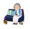 Old woman sitting on a sofa.