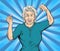 The old woman smiled happily and showed strength.Pop art vector illustration drawing,Comic book work style