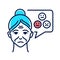 Old woman with speech bubble unfounded emotions line color icon. Mood change. Brain disease dementia. Sign for web page, mobile