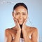Old woman, splash of water and beauty portrait, hygiene and sustainable skincare for antiaging on blue background. Hands