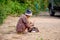 Old woman thai people use knife preparing betel vine for eat