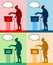 Old woman voter silhouettes with different colored speech bubble