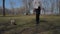 Old woman walks with little dog in park