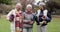 Old women, friends and yoga in the park, fitness and smile in portrait, health and retirement together. Female people in