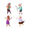 Old Women Pensioner Dancing And Resting Set Vector