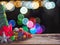 Old wood board And decorations in the space available for placing objects. Background bokeh bubbles colorful. Christmas and New Ye