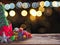 Old wood board And decorations in the space available for placing objects. Background bokeh bubbles colorful. Christmas and New Ye