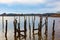 Old wood pilings ruins with a sailboat in the distance