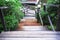 Old wood stairway down outdoor background with  jasmine garden flower tree in the side