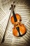 Old wood violin lying on musical notes