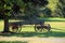 Old wood wagon set under the shady trees in field on old country farm