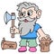 old woodcutter carrying ax chopping wood  doodle icon image kawaii