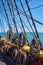 Old wooden Age of sail sailing ship ropes cordage. and shroud
