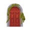 Old wooden arched door in vintage style. Medieval entrance design with leaf plant, ivy on stones. Wood arc doorway