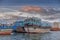 Old wooden Asian boats moored in Dubai harbor